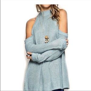 🅰️She + Sky Large Cold Shoulder Sweater Sky Blue